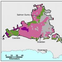 Broadscale map (1:250 000) of the Salmon Gums Agzone showing the distribution of alkaline grey deep sandy duplex. The majority of the region shows clays occupying 3–10% from Cascade to east of Salmon Gums with some areas of 10-25%.