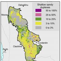 Broad scale map (1:250 000) of the Moora to Kojonup Agzone showing the distribution of shallow sandy duplexes. Distribution is scattered with 25–50% and 10–25% near Wickepin, Cunderdin, Darkan and Cranbrook, while Clackline has mainly 3–10%.