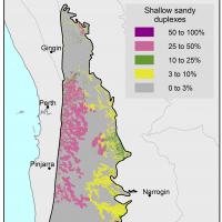 Broadscale map (1:250 000) of the Darling range Agzone showing the distribution of shallow sandy duplexes. The majority of the map shows 3–10% stony soils from Perth through to Albany, with patches near Gingin with 50–100% and 25–50% stony soils.