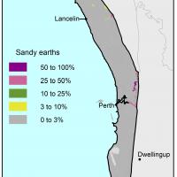 Broad scale map (1:250 000) of the Swan coastal plain Agzone showing the distribution of sandy earths. Distribution mainly 0–3% except in the Margaret river region where there is scattered distribution of mainly 3–10% with patches of 50–100% and 10–25%.