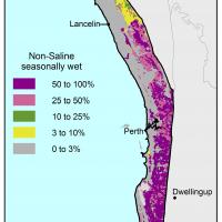Broad scale map (1:250 000) of the Swan coastal plain Agzone showing the distribution of non saline semi wet soils. Distribution is scattered from Lancelin to Dunsborough with 50–100%. 