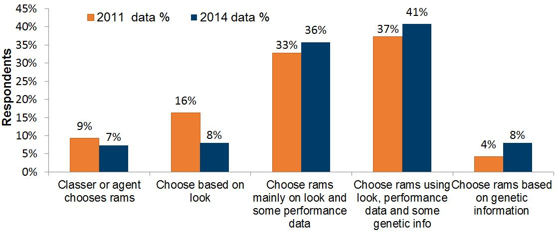Classer/agent chooses rams 9% 2011 & 7% 2014; choose based on look 16% 2011 & 8% 2014; choose mainly on look & some performance data 33% 2011 & 36% 2014; use look, performance data & genetic info 37% 2011 & 41% 2014; genetic info only 4% 2011 & 8% 2014