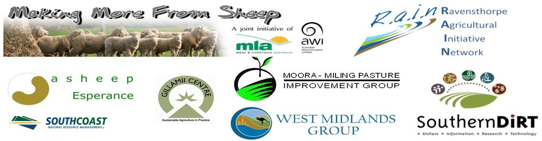 Logos for Making more from sheep, asheep Esperance, Southcoast natural resource management, Gillamii Centre, Moora Milling Pasture Improvement Group, West Midlands Group, Southern Dirt and Ravensthorpe Agricultural Initiative Network