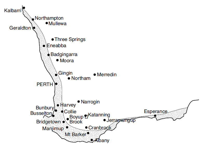 Major barber’s pole worm risk areas are along the south coast from Walpole to Albany, where it may occur up to 60km inland. On the west coast, problems only occasionally occur more than 20km from the coast, but can occur from Geraldton to Margaret River.