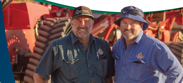 Cover of the 2022 WA Crop Sowing Guide with Rod and Andrew Messina of Mullewa in front of their seeding rig