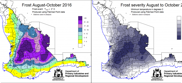 Frost severity and occurrence in August to October 2016 for the South West Land Division