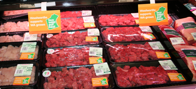 Buy West Eat Best logo on meat packs in supermarket meat cabinet.