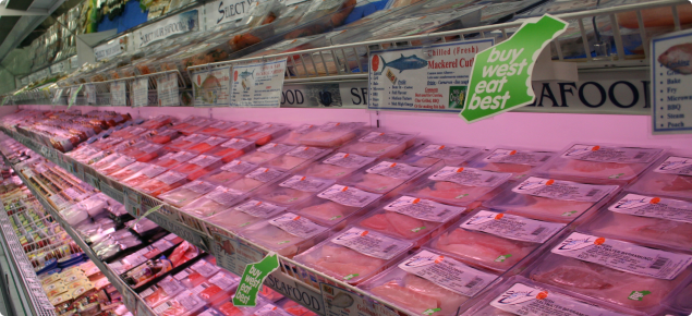 Buy West Eat Best logo on seafood supermarket shelf