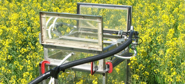 Photograph of an automated gas chamber in open position measuring GHG emissions from crops (canola)