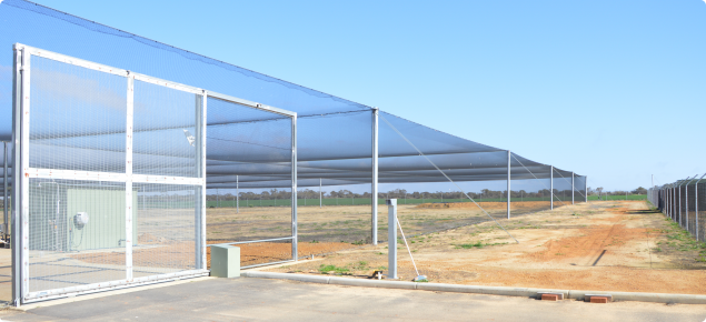 The birdnet infrastructure at New Genes for New Environments at Merredin is pictures here, showing the main gate to the washdown facility at the perimeter exclusion fence.