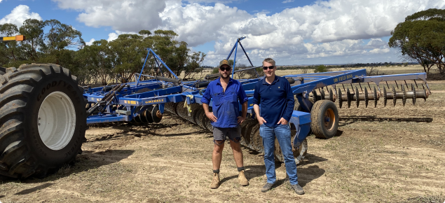Farm machinery with scientists at Narembeen