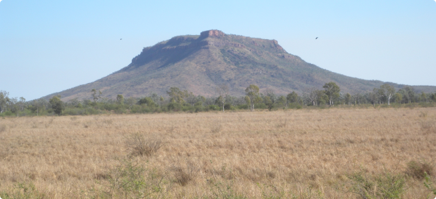 View across the Mantinea Development area to House Roof Hill on the opposite bank of the Ord River, north-east of Kununurra in the East Kimberley