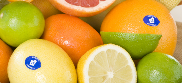 Types of citrus with the blue sticker and WA birthmark symbol