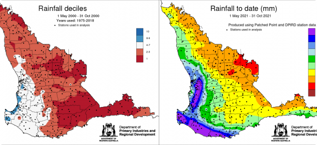 Rainfall decile map for the South West Land Division for May to October 2004 and rainfall to date for May to October 2021