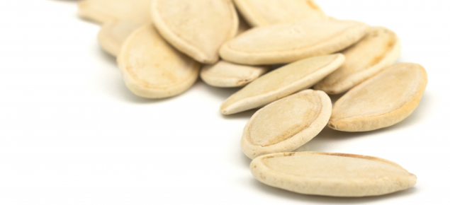 Pumpkin seed, which is a pale colour and an elongated oval shape.