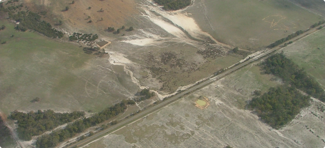 Aerial image of paddock rill, sheet and gully erosion after a heavy rainfall event, April 2005 