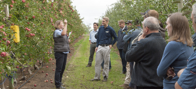 Development 0fficer Susie Murphy-White presenting points of interest to producers during an orchard walk in Manjimup