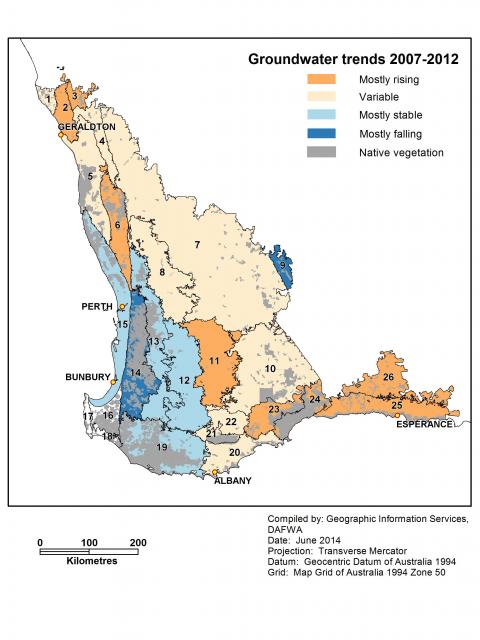 Figure 1 Dominant groundwater level trends (2007–12) within hydrozones in the south-west agricultural region Groundwater trends from 2007 to 2012 show that watertables were rising in a few areas, notably north of Geraldton, around Esperance and a few others. They were mostly stable in other parts of the South-West of Western Australia