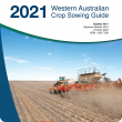 Cover page of the 2021 WA Crop Sowing Guide, with image of seeding lupins into wheat stubble at Eradu