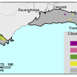 Broadscale map (1:250 000) of the Esperance Agzone showing the distribution of clays and shallow loamy duplexes. The majority of the region shows clays and shallow laomy duplexes occupying 3–10% from the Albany region while the Esperance region is mainly 