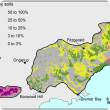 Broad scale map (1:250 000) of the Stirling to Ravensthorpe Agzone showing the distribution of stony soils. Distribution is scattered with the region west of Boxwood hill to Tenterden showing 50–100% and 25–50% stony soils.