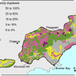 Broad scale map (1:250 000) of the Stirling to Ravensthorpe Agzone showing the distribution of shallow sandy duplexes. There is mainly 10–25% shallow sandy duplexes from Boxwood Hill to Fitzgerald with scattered areas of 25–50%.