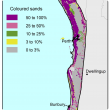 Broad scale map (1:250 000) of the Swan coastal plain Agzone showing the distribution of coloured sands. The high distribution of 50–100% is shown along the coastline from Lancelin to Margaret River.