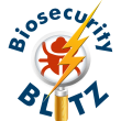 Biosecurity blitz logo with magnifying glass and lightning bolt