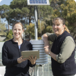 Two women leaning on a weather station 